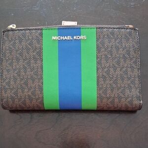 Medium Michael Kors Brown MK Logo Zip Wallet with Blue and Green Center Stripe